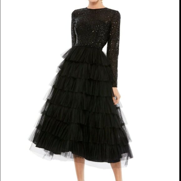 MAC DUGGAL 26299 SEQUIN BODICE LONG SLEEVE RUFFLE TIERED BLACK MIDI DRESS sz 14 - Picture 2 of 6